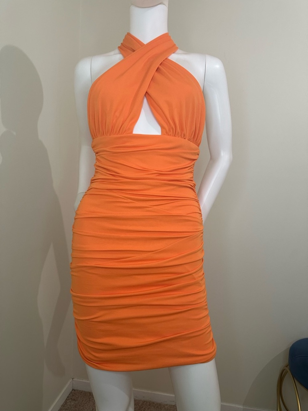 Zara Orange Ruched Halter Mini Dress